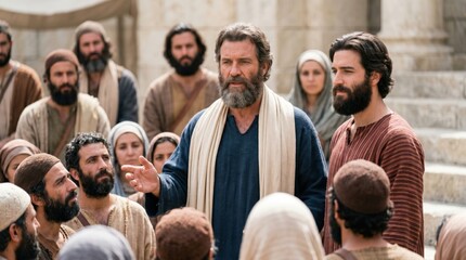 Fototapeta premium Saint Stephen preaching to gathered crowd of people. Biblical scene of faithful man speaking wisdom and truth to ancient crowd. Christian religious history and spiritual ministry context.