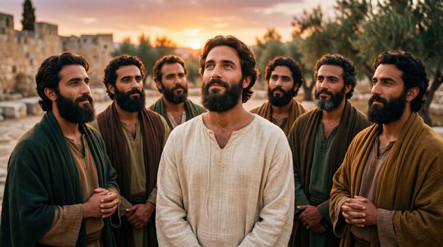 Seven men chosen as deacons standing together under an open sky. Biblical scene from Acts of the Apostles. Group of followers of Christ representing faith, service, and spiritual community.