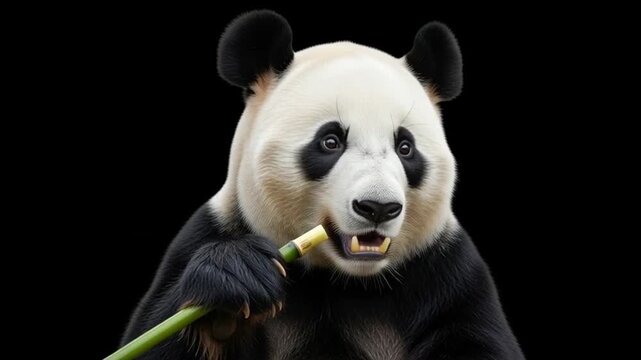 A cute cartoon illustration of a giant panda bear character from China sitting in the wild and eating green bamboo with a happy heart
