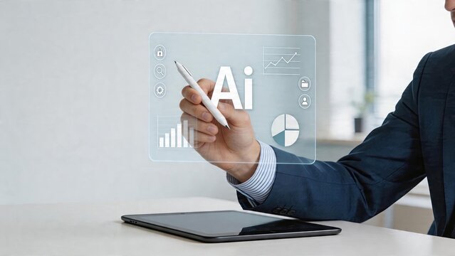 Businessman interacting with holographic artificial intelligence interface futuristic smart technology concept digital transformation data analysis charts