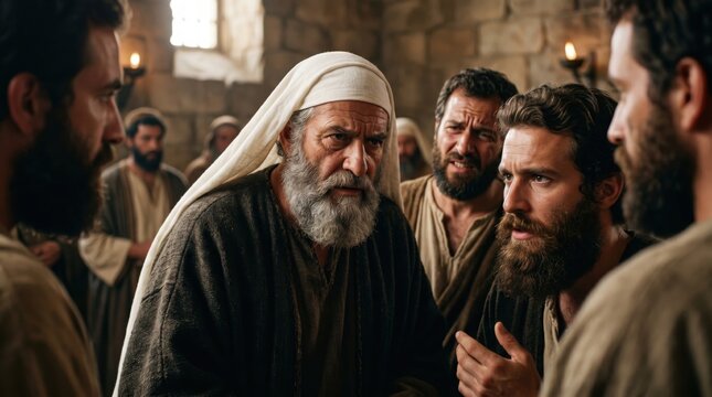 Saint Stephen debating ancient religious leaders in Jerusalem. Biblical scene depicting the martyr man defending his faith against elders. Historical narrative from Acts of the Apostles.