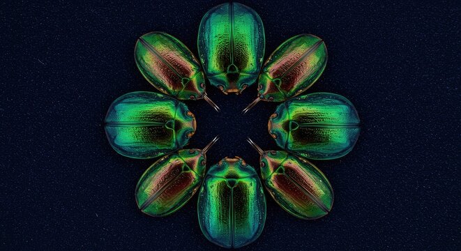 Circular arrangement of iridescent beetles