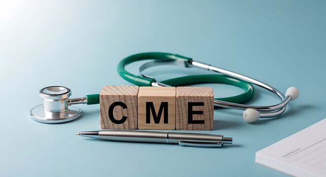 Medical equipment with wooden blocks spelling cme on blue surface with pen and paper