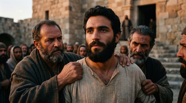 Saint Stephen the martyr being captured by men in biblical times. Religious scene depicting ancient Jerusalem context. Historical event of faith, trial, persecution and spiritual conviction.