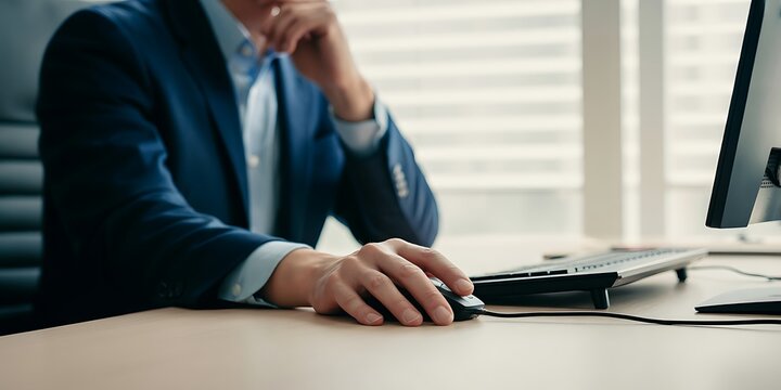 A man in a blue suit sitting at a desk using a computer mouse