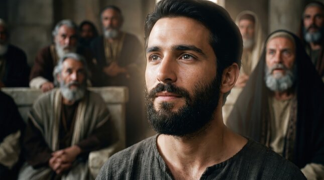 Saint Stephen the man standing before the sanhedrin council. Biblical scene depicting biblical faithful believer facing trial by elders. Ancient historical religious narrative art.