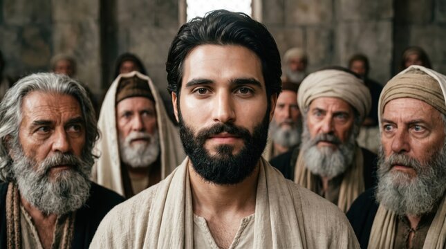 Saint Stephen the deacon facing trial before the Sanhedrin council. Bearded man standing with conviction surrounded by elders and religious leaders. Biblical scene of faith and truth.