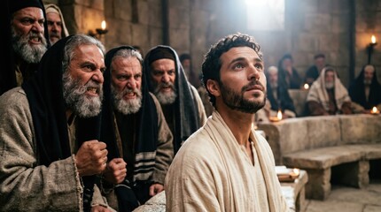 Fototapeta premium Saint Stephen the man faces angry elders and scribes in a biblical scene. A martyr stands before the council while being falsely accused. Ancient historical drama, religion, faith.