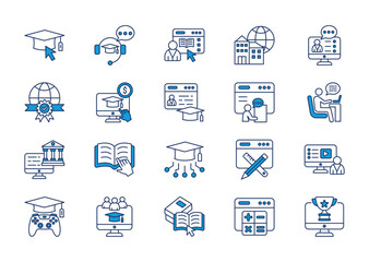 Naklejka premium Online education thin blue icon set. Containing online education, online teaching, online class, online school, mentor, online degree, tuition cost
