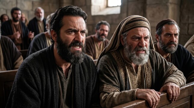 Angry man group at synedrion accusing Stephen of blasphemy against law and Moses. Biblical scene of historical religious conflict, dramatic courtroom drama from ancient Jerusalem story.