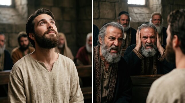 Saint Stephen standing trial before the Sanhedrin as men shout accusations. Biblical scene depicting the martyr facing judgmental elders in a historical court. Ancient religious conflict.