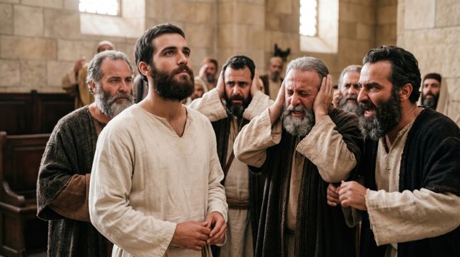 Saint Stephen the man faces angry accusers in the synagogue. Biblical scene representing the trial of the martyr who holds his faith while men rebel against his divinely inspired truth.