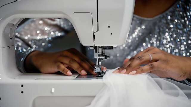 Close-up of hands operating a sewing machine, stitching delicate white tulle fabric for garment creation or craft project.