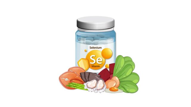 Selenium supplement bottle animation with natural food sources including salmon meat egg spinach and garlic.