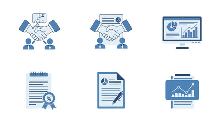 Fototapeta premium A collection of six blue business icons featuring handshakes, data analysis charts, and professional documents for corporate presentations.