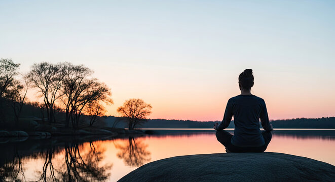 Woman meditating by calm lake during sunset with trees reflected on water surface