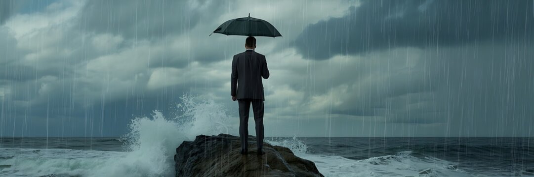 A man in a business suit stands on a rocky coastline holding an umbrella during a rainstorm