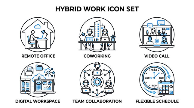 Modern digital solutions for adaptable work environments, showcasing remote office setups, coworking spaces, and flexible team collaboration through a comprehensive icon collection