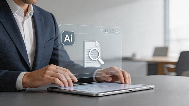 Businessman using tablet analyzing artificial intelligence data on hologram interface digital document icon futuristic office workspace AI technology integration for smart devices