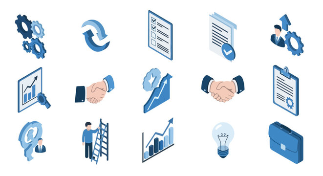 A set of fifteen isometric icons in blue and gray tones illustrating various business concepts like growth, teamwork, and project management.