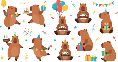 Obraz premium PrintCute cartoon bears celebrating birthday party with cakes balloons gifts confetti and festive decorations seamless vector illustration set