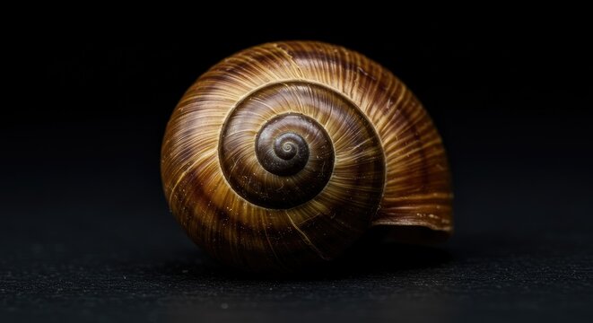 Close-up of a spiral snail shell, rich in warm brown tones against a dark background.  Detailed spiral patterns and texture are prominent