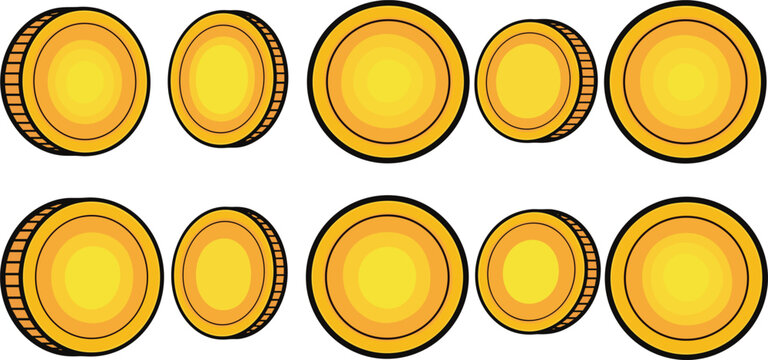 Gold coin icons set in different angles and perspectives representing money, currency, finance and game assets in clean flat vector illustration style