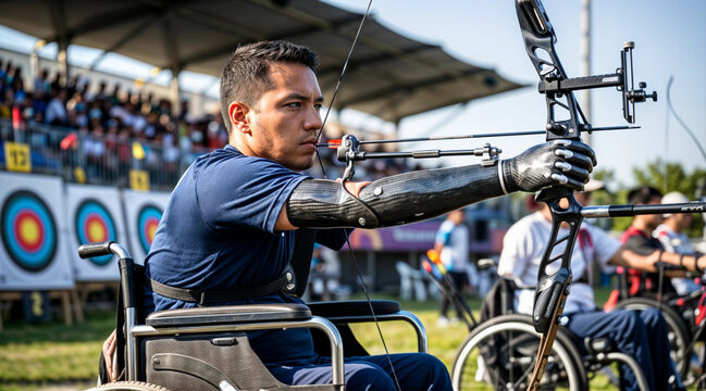 A disabled archer with a prosthetic arm shoots a bow at a range. Parasport, adaptive sports and para archery concept. Lifestyle dynamic shot for poster, visual material 