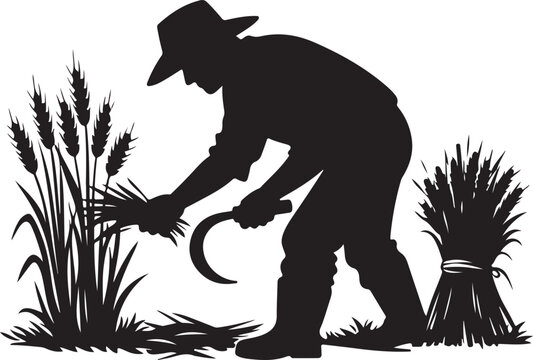 Agricultural worker harvesting wheat silhouette vector