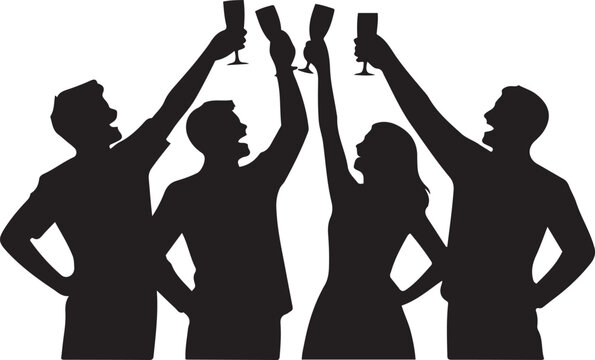 Silhouetted friends enjoying a party with drinks celebrating joy and happiness together. logo Vector Black silhouettes