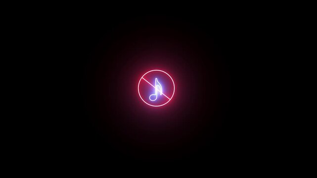 pink and red neon glowing no sound icon animation, disable play button icon on black background.