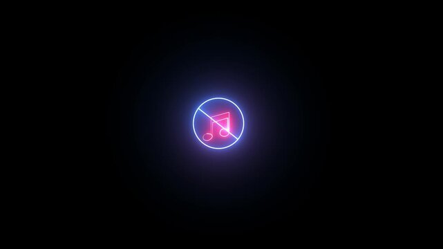 blue and pink neon glowing no sound icon animation, disable play button icon on black background.