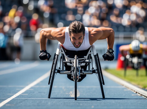 A disabled athlete in a racing wheelchair participates in a race at a stadium. Parasport, adaptive sports and wheelchair racing concept. Lifestyle dynamic shot for poster, visual material 