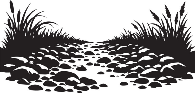 Dry riverbed silhouette with stones and tall shoreline grass silhouette vector