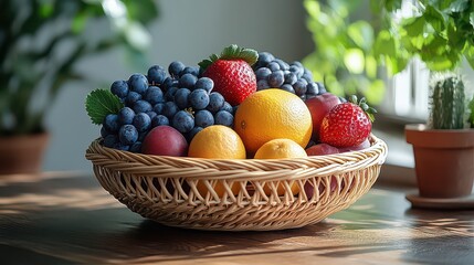 Fototapeta premium Fresh fruit in wicker basket on wooden table.