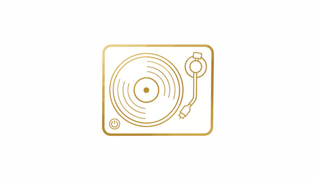Vinyl record player icon, music turntable symbol, gold line art, dj equipment vector
