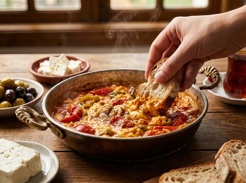 Delicious Turkish Breakfast - Menemen with Bread and Sides.
