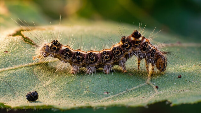 macro, close up of a moth caterpillar or also known as acronicta rumicis, has a dark brown body, with white spots, and red spots in the middle, which are on the leaves, suitable for wallpaper photos a