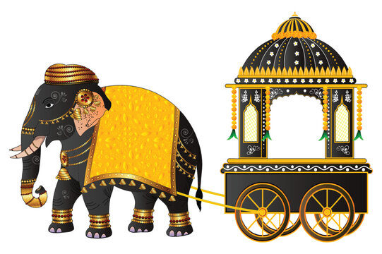 Royal Indian Wedding Elephant and Golden Chariot Illustration, Traditional Hindu Festival Procession Carriage Vector