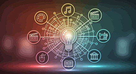 Obraz premium Creative concept digital brainstorming with icons for art music film and education