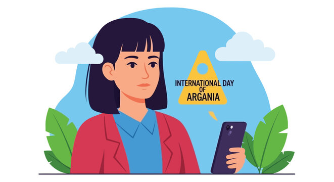 illustration of woman holding smartphone with international day of argania text