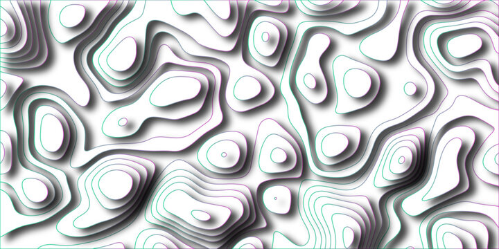 Topographic contour map abstract background with colorful gradient lines of purple and teal creating a sense of depth and elevation with subtle shadows and a clean white surface