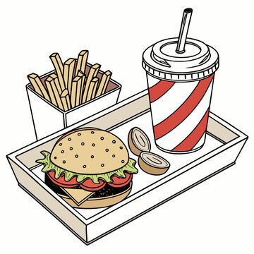 Isometric fast food combo meal illustration with a beef cheeseburger salty french fries a striped paper soda cup and dipping sauce containers on a white serving tray, hamburger