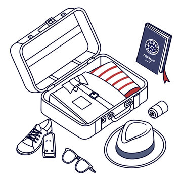 Open travel suitcase with folded clothing sneakers fedora hat passport eyewear in isometric line art style vacation planning packing list vacation mode suitcase vacation