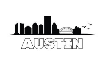 Fototapeta premium Minimalist Austin city skyline silhouette, modern urban landscape design in clean black outline, simple vector illustration style, contemporary metropolitan theme.
