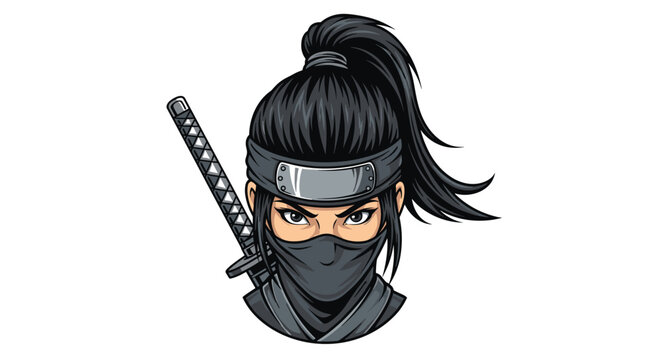 Fierce female ninja character with a black mask and a katana sword strapped to her back for action, gaming, and martial arts adventure themes.