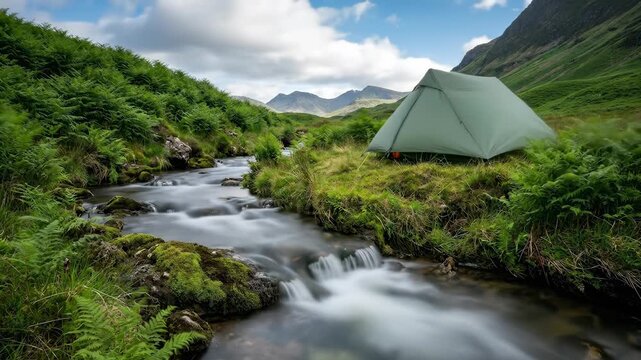 Camping Tent Beside a Scenic Mountain Stream in the Scottish Highlands