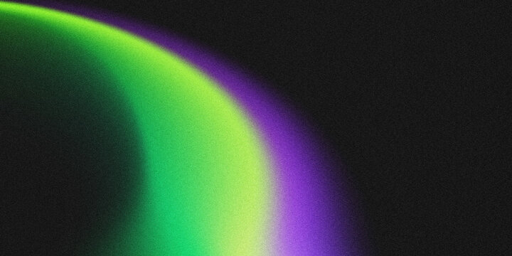 Abstract grainy gradient background with curved green and purple neon light effect on a black backdrop. 