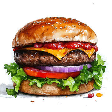 watercolor of Hamburger draw, isolated on a white background.