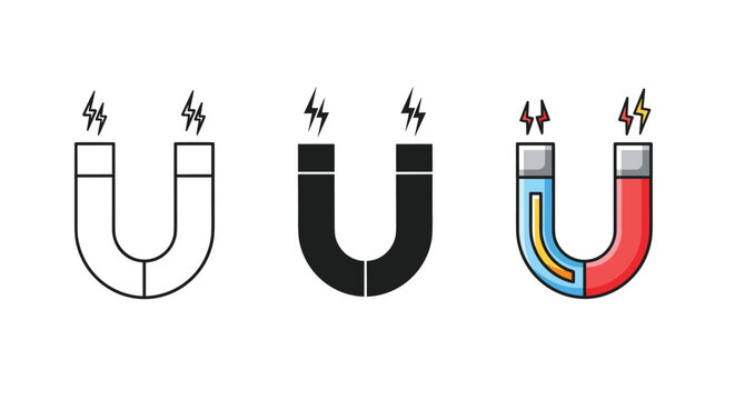 Set of horseshoe magnet icons in outline, solid, and colored styles with lightning bolt symbols for magnetic force and power.